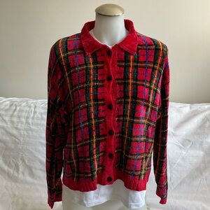 Eagle’s Eye | 90s Vtg Dark Hot Pink Chenille Plaid Oversized Cardigan | XL